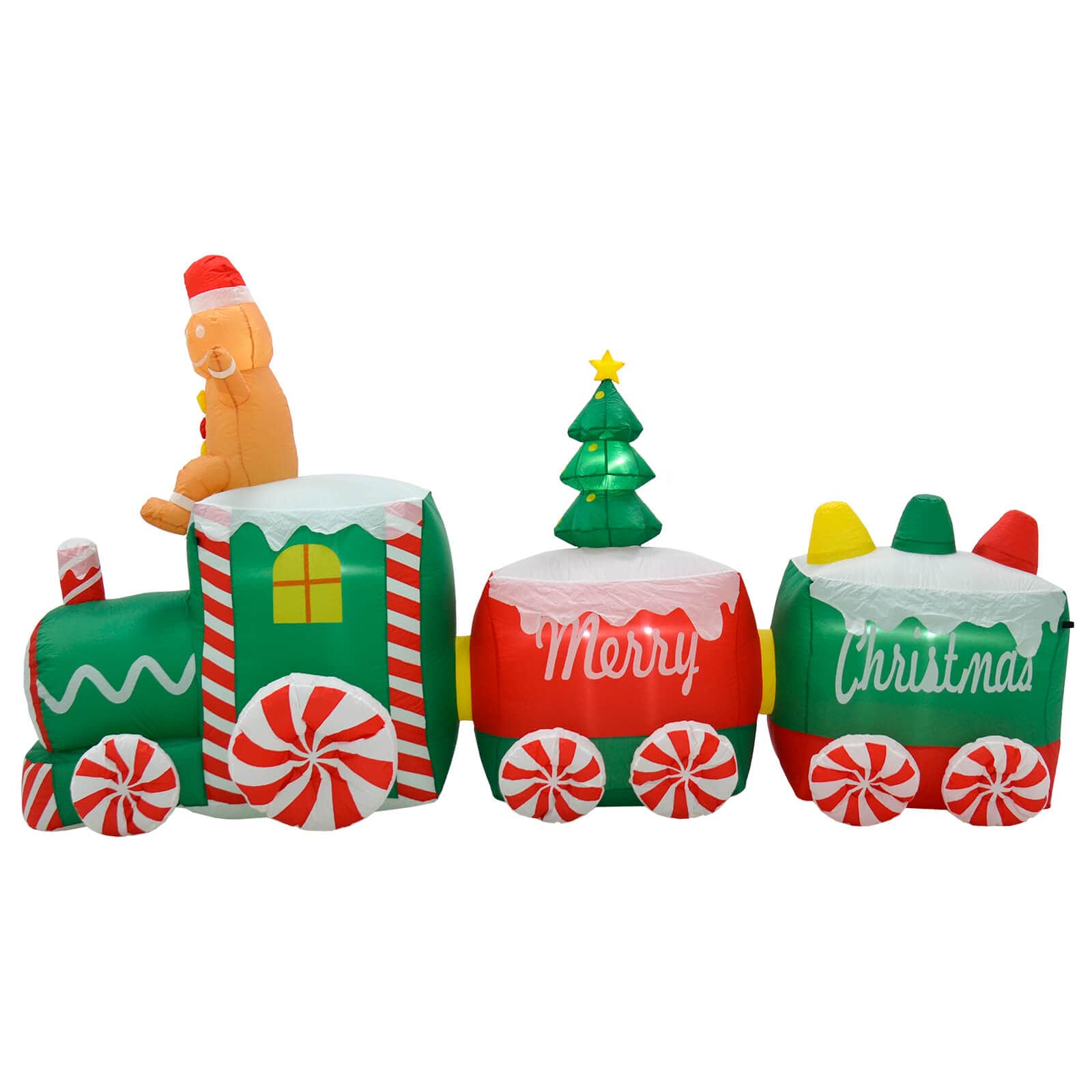 Gingerbread figure on a candy train large Christmas inflatable decoration in green, red and white with Christmas tree and Merry Christmas written on the side 